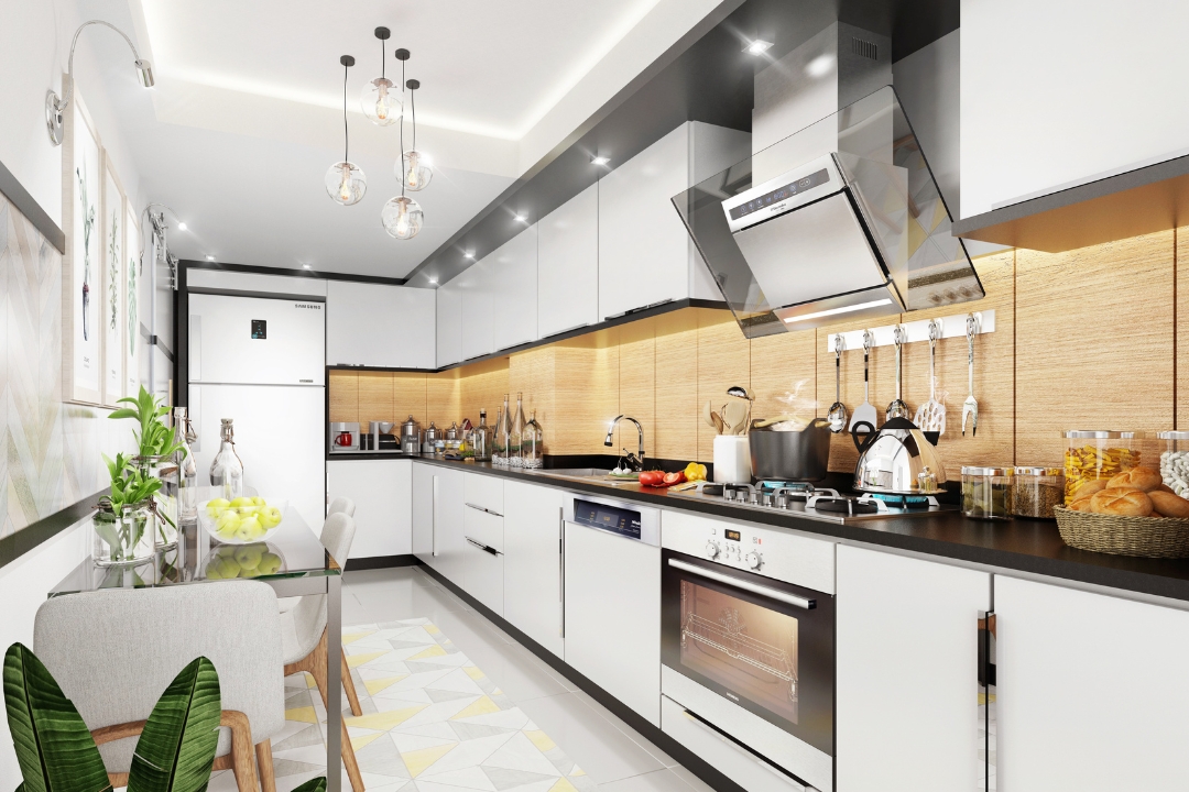 Modern open kitchen design , Elegant interior design , Wooden floor luxury interiors , Stylish and modern open kitchen design , Luxury kitchen island with dining area , Spacious kitchen cabinets and high-quality countertops , Spacious kitchen area with natural light