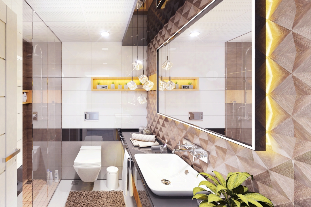 Modern bathroom decoration , Elegant interior design , Marble flooring in modern bathroom design , Chic bathroom shower area setup , Luxury bathroom lighting and decor , Minimalist bathroom cabinets and countertop , Spacious bathroom area with modern accessories