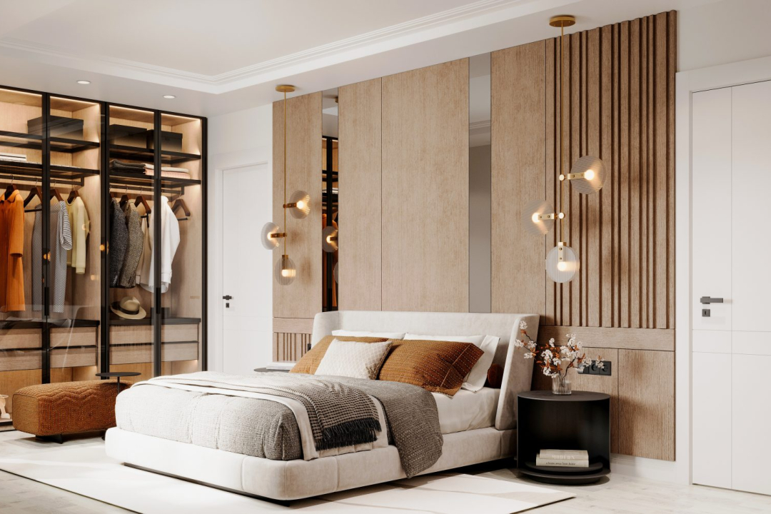 Spacious and modern bedroom design , Luxury bed headboard and lighting , Minimalist bedroom furniture design , Spacious bedroom with natural light , Elegant interior design , Wooden floor luxury interiors , Minimalist bedroom design , Chic interior decoration ideas , غرفة نوم واسعة وعصرية، رأس سرير فاخر وإضاءة مميزة، تصميم أثاث غرفة نوم بسيط، غرفة نوم واسعة مع ضوء طبيعي، تصميم داخلي أنيق، أرضية خشبية داخلية فاخرة، تصميم غرفة نوم بسيط، أفكار ديكور داخلي أنيقة Ferah ve modern yatak odası tasarımı , Lüks yatak başlığı ve aydınlatma , Şık ve rahat yatak odası düzeni , Minimalist yatak odası mobilya tasarımı , Doğal ışık alan geniş yatak odası