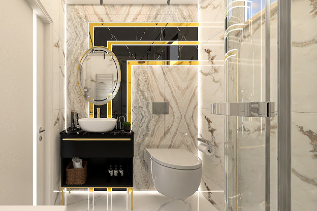 Modern bathroom decoration , Elegant interior design , Marble flooring in modern bathroom design , Chic bathroom shower area setup , Luxury bathroom lighting and decor , Minimalist bathroom cabinets and countertop , Spacious bathroom area with modern accessories ديكور حمام عصري، تصميم داخلي أنيق، أرضيات رخامية في تصميم الحمام العصري، تصميم منطقة دش أنيقة في الحمام، إضاءة وديكور حمام فاخر، خزائن وحوض حمام بسيط، مساحة حمام واسعة مع ملحقات عصرية Modern banyo tasarımında mermer Zemin , Şık banyo duş alanı düzenlemesi , Lüks banyo aydınlatma ve dekorasyon , Minimalist banyo dolapları ve tezgah , Geniş banyo alanı ve modern aksesuarlar