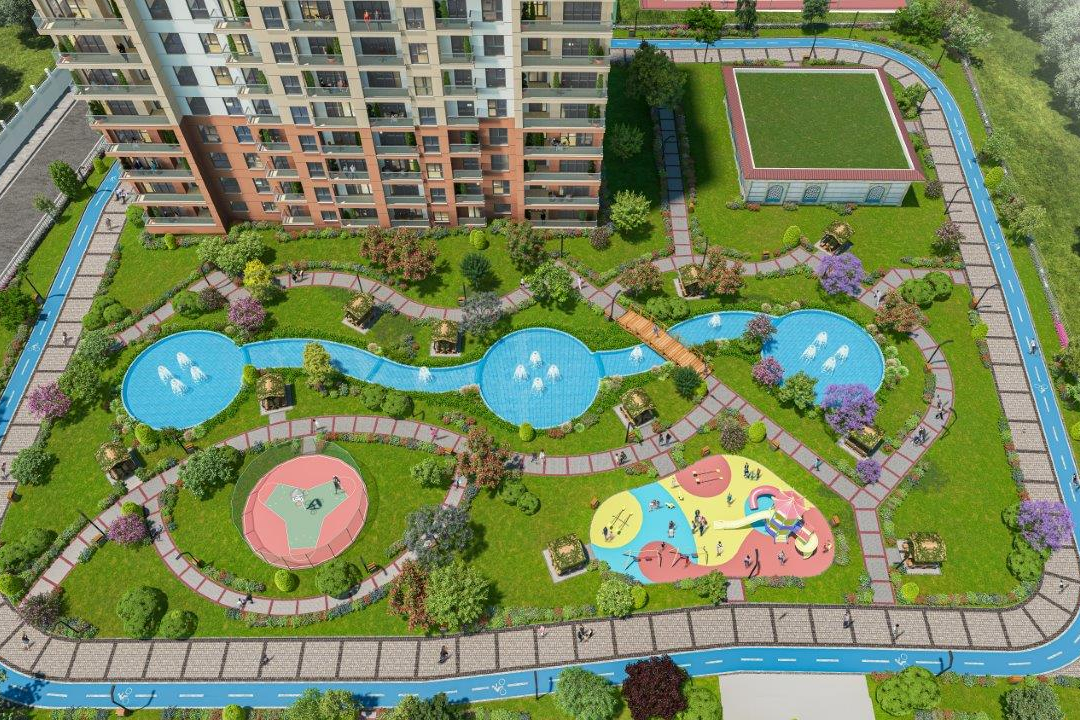 Safe playground for children , Playground in family-friendly residential complex , Fun playground park for children ملعب آمن للأطفال، ملعب في مجمع سكني مناسب للعائلات، حديقة ملعب ممتعة للأطفال Çocuklar için güvenli oyun alanı , Aile dostu siteye ait oyun alanı , Çocuklar için eğlenceli oyun parkı Spacious green areas surrounded by nature , Green living space surrounded by various trees , Expansive green spaces with outdoor walking paths مساحات خضراء واسعة تحيط بها الطبيعة، مساحة معيشة خضراء محاطة بأشجار متنوعة، مساحات خضراء شاسعة مع مسارات مشي خارجية Doğayla iç içe geniş yeşil alanlar , Çeşitli ağaçlarla çevrili yeşil yaşam alanı , Geniş yeşil alanlar ve açık hava yürüyüş yolları