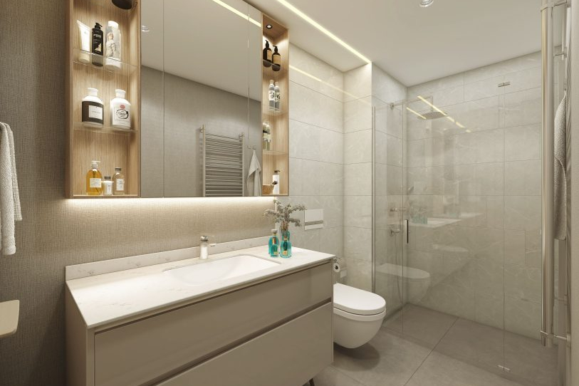 Modern bathroom decoration , Elegant interior design , Marble flooring in modern bathroom design , Chic bathroom shower area setup , Luxury bathroom lighting and decor , Minimalist bathroom cabinets and countertop , Spacious bathroom area with modern accessories ديكور حمام عصري، تصميم داخلي أنيق، أرضيات رخامية في تصميم الحمام العصري، تصميم منطقة دش أنيقة في الحمام، إضاءة وديكور حمام فاخر، خزائن وحوض حمام بسيط، مساحة حمام واسعة مع ملحقات عصرية Modern banyo tasarımında mermer Zemin , Şık banyo duş alanı düzenlemesi , Lüks banyo aydınlatma ve dekorasyon , Minimalist banyo dolapları ve tezgah , Geniş banyo alanı ve modern aksesuarlar